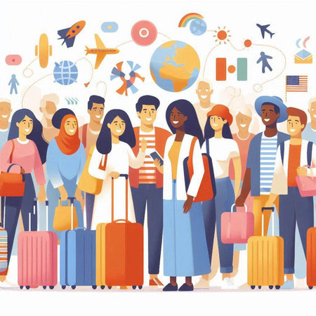People Traveling Around the World Concept. Cartoon Flat Vector Illustrationのイラスト素材