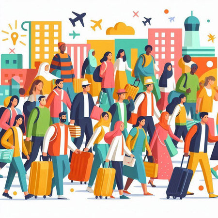 Crowd of people with suitcases. Vector illustration in cartoon styleのイラスト素材