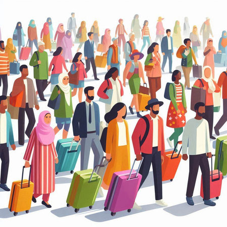 Travelers with suitcases. Crowd of people with luggage. Vector illustrationのイラスト素材
