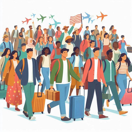 Travelers crowd vector illustration. Crowd of people with luggage walking in airport terminal.のイラスト素材
