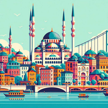 Cityscape of Istanbul, Turkey. Colorful background with mosque and bridge.のイラスト素材