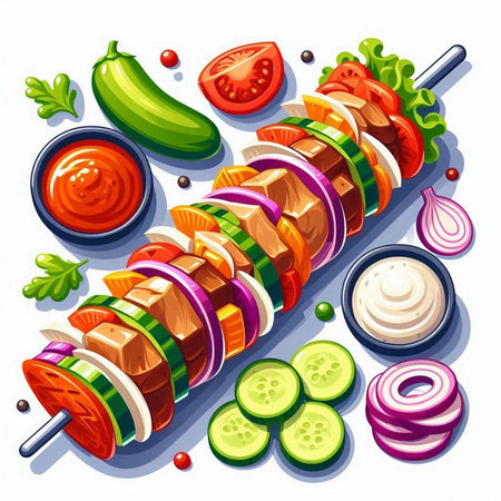 Vector illustration of kebab on skewer with vegetables and sauce.のイラスト素材