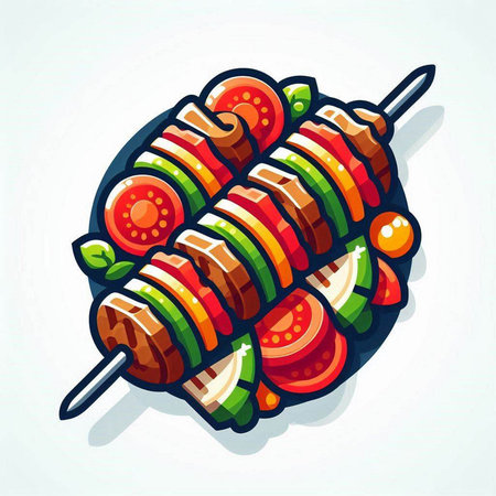Grilled kebab on skewers with vegetables. Vector illustration.のイラスト素材