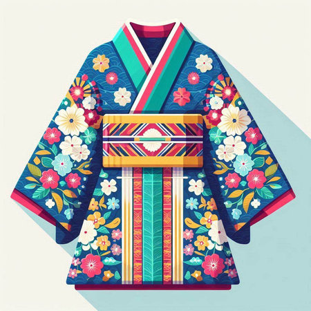 Japanese kimono with embroidery and flowers. Vector illustration.のイラスト素材