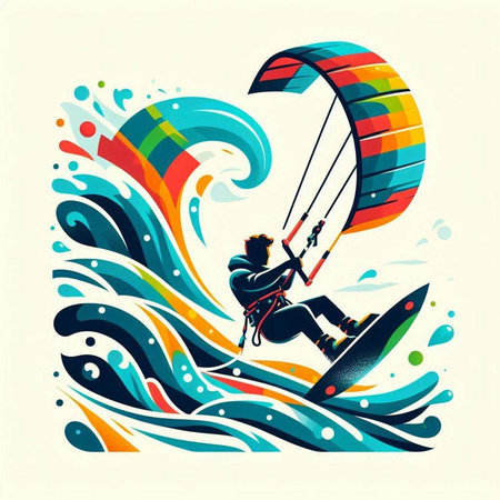 Kitesurfer rides on the waves. Colorful vector illustration.のイラスト素材