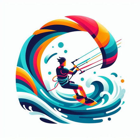 Kitesurfing vector illustration. Kitesurfer riding a wave.のイラスト素材