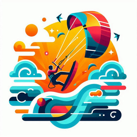 Kite surfer on the waves. Vector illustration in flat styleのイラスト素材