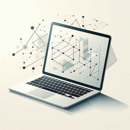 Laptop with graphs and charts on the screen, 3d illustrationのイラスト素材