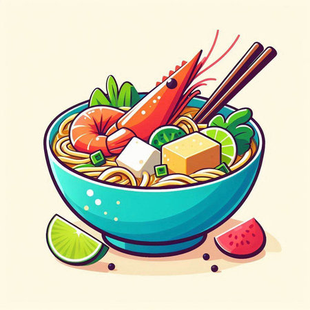Noodles in a bowl with chopsticks. Vector illustration.のイラスト素材