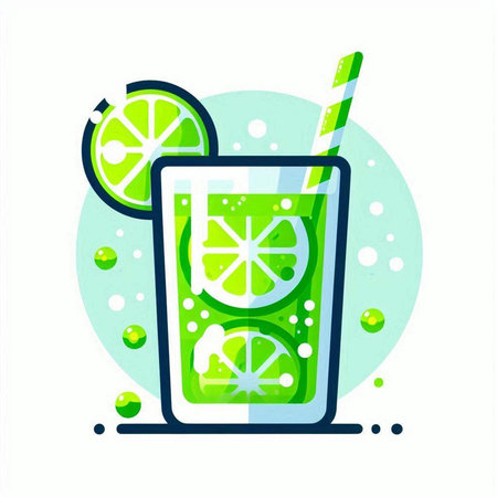Cocktail with lime, ice and straw. Vector illustration in flat styleのイラスト素材