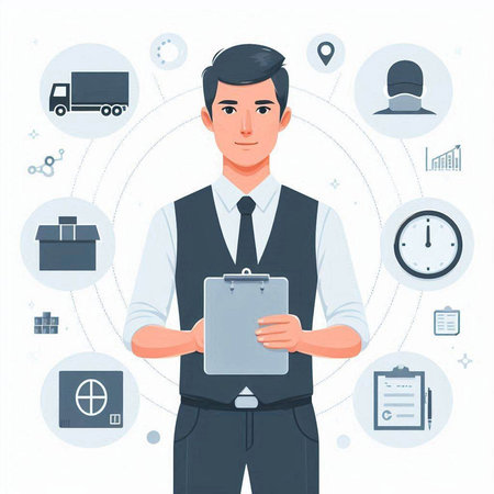 Vector illustration of a man in a business suit with a clipboard in his hands.のイラスト素材