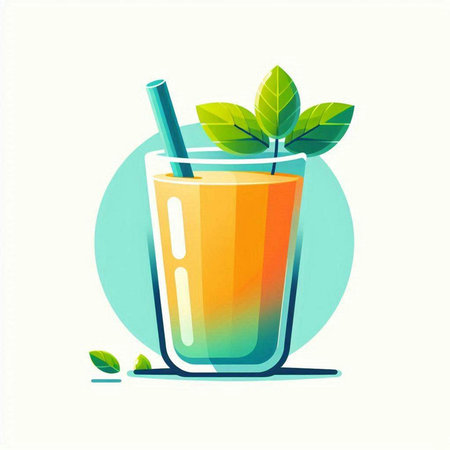 Orange juice in a glass with a straw and mint leaves. Vector illustration.のイラスト素材