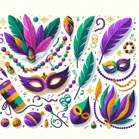 Mardi Gras carnival set with masks and feathers. Vector illustration.のイラスト素材