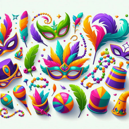 Mardi gras background with colorful masks and beads. Vector illustration.のイラスト素材