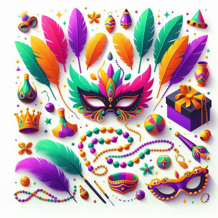 Mardi gras carnival set with feathers, beads and mask. Vector illustrationのイラスト素材