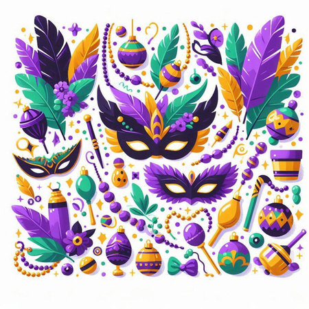 Mardi Gras party background with carnival masks, feathers and beads. Vector illustration.のイラスト素材