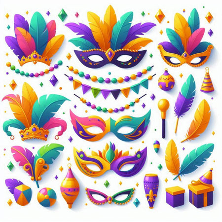 Mardi gras carnival masks with feathers and beads. Mardi gras party. Vector illustrationのイラスト素材