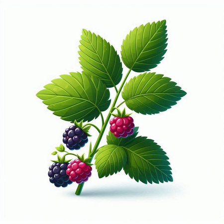 Illustration of a blackberry branch with leaves on a white backgroundのイラスト素材