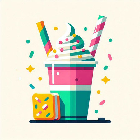 Illustration of milkshake with ice cream and candy. Vector illustration.のイラスト素材