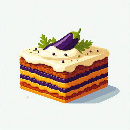 Illustration of a piece of lasagna with eggplant and parsleyのイラスト素材