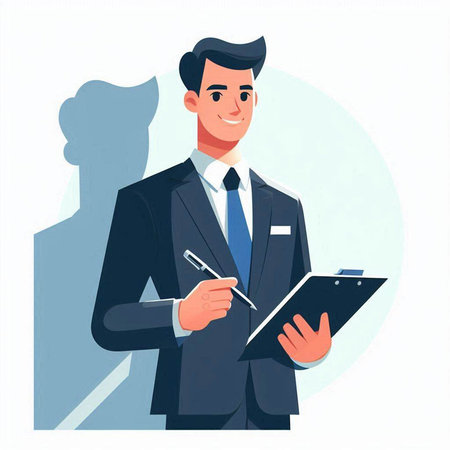 Businessman with clipboard and pen. Vector illustration in cartoon style.のイラスト素材