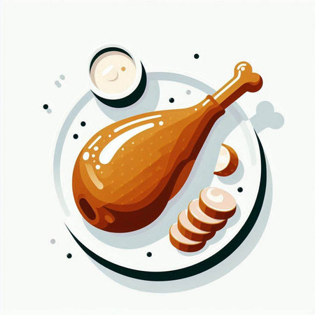 Chicken leg on a plate. Vector illustration in flat cartoon style.のイラスト素材