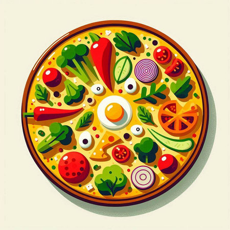 Vegetarian pizza with vegetables and eggs. Top view. Vector illustration.のイラスト素材