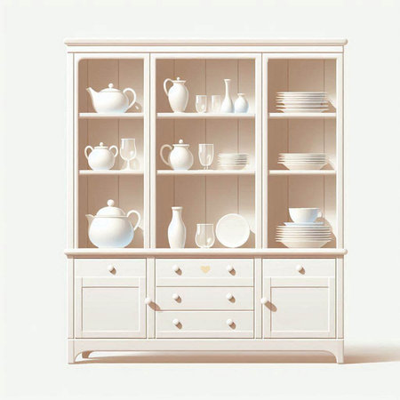 White wooden cupboard with a set of dishes. 3d renderingのイラスト素材