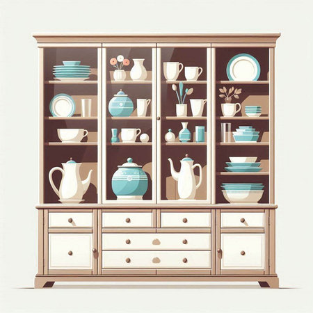 Wooden cupboard with dishes and crockery. Vector illustration.のイラスト素材