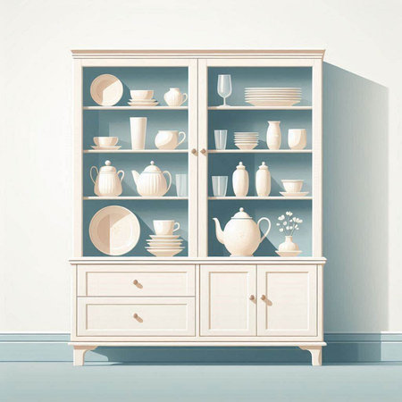 Cupboard with dishes and crockery in the interior. 3d renderingのイラスト素材