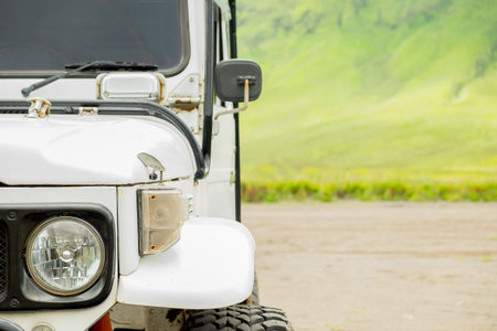 Jeep car on desert road.の写真素材