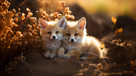 Under the mesmerizing light, the Fennec Foxes' sandy fur appears to shimmer with a hint of gold, capturing the very essence of the sun-soaked dunes that define their habitat.の素材