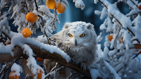 Against a backdrop of glistening snowdrifts and frost-kissed trees, the owls sit in regal repose.の素材