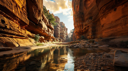 Immerse yourself in the awe-inspiring beauty of nature with this stunning image of a majestic canyon bathed in the warm, golden embrace of sunlight. Towering rock formations, sculpted by millions of years of geological wonder, rise like ancient sentinels against the canvas of the clear, azure sky.の写真素材