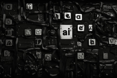 AI-generated illustration of A conceptual digital artwork featuring tangled black cables connecting keyboard keys and electronic components, with the central focus on a metallic key labeled "AI". The dark, futuristic design symbolizes artificial intelligence, machine learning, and the complexity of modern data systems.の素材