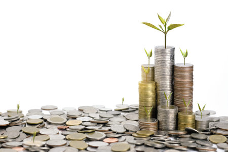 Coins Stack and small green trees are growing growth on wihte isolate background. Saving money...