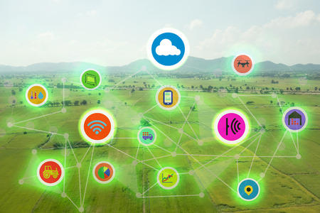 internet of things industrial agriculture,smart farming concepts,the various farm technology in the futuristic icom on the field background ict(information communication technology)