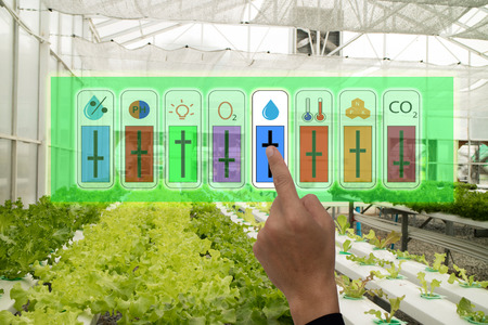 internet of things industrial agriculture and smart farming concept,farmer point hand to use augmeted reality application to control monitor and controlling conditon of vegetable in the greenhouseの写真素材