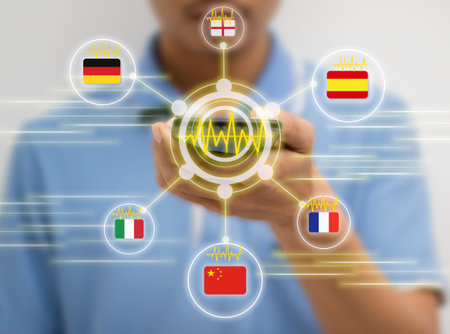 iot, internet of things, translation technology concept, the man holding smart phone and use voice...