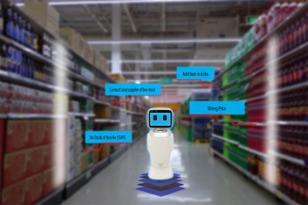 smart retail concept, robot service use for check the data of or Stores that stock goods on shelves with easily-viewed barcode and prices or photo compared against an idealized representation of storeの写真素材