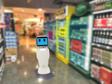 smart retail concept, robot service use for check the data of or Stores that stock goods on shelves with easily-viewed barcode and prices or photo compared against an idealized representation of storeの写真素材