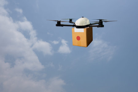 drone flying transportation in smart city concept, a retail/ownder use a drone(artificial intelligence technology delivery to send a tool kit, product, fruit, vegetable, etc in the store,  to customerの写真素材