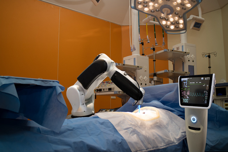 advanced robotic surgery machine at Hospital,some of major advantages of robotic surgery are precision, miniaturisation, smaller incisions, decreased blood loss, less pain, and quicker healing timeの写真素材