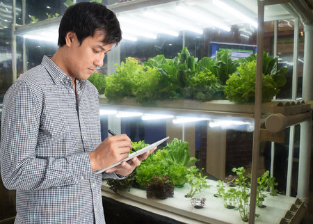 smart agriculture in futuristic concept, farmer use technology to monitor, control and adjustment led, atmosphere,humidity, water level and keep tracking harvesting time in vertical or indoor farming の写真素材