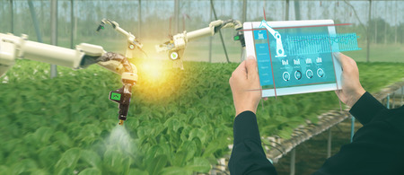 iot smart industry robot 4.0 agriculture concept,industrial agronomist,farmer using software Artificial intelligence technology in tablet to monitoring condition and control automatic robotics in farmの写真素材