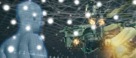 iot trend industry 4.0 concept,industrial engineer using artificial intelligence ai (augmented, virtual reality) with wire mesh to monitoring machine in real time.Smart factory use Automation robotの写真素材