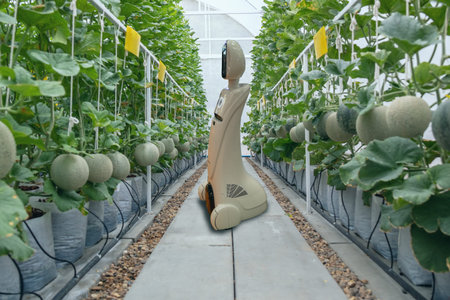 iot smart farming, agriculture in industry 4.0 technology concept, trend robot using in farm to help farmer collect data ,keep , tracking, detect insect, feed fertilizer to improve the vegetable fruitのeditorial素材
