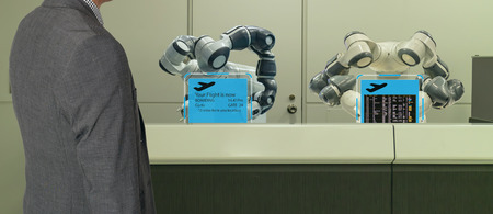 smart hotel in hospitality industry 4.0  concept, the receptionist robot (robot assistant ) in lobby of hotel or airports always welcome customer the service is  including room, information provisionの写真素材
