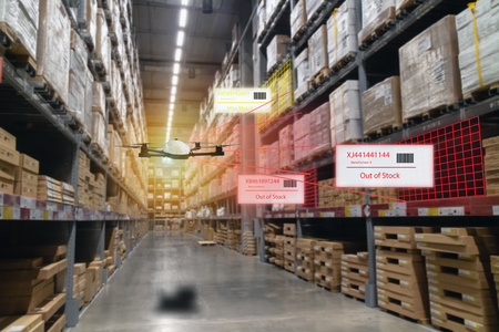iot smart retail in the futuristic concept, the retailer using drone and use augmented reality technology monitor data of out of shelve, price, planogram, campaign of compliance in the real timeの写真素材