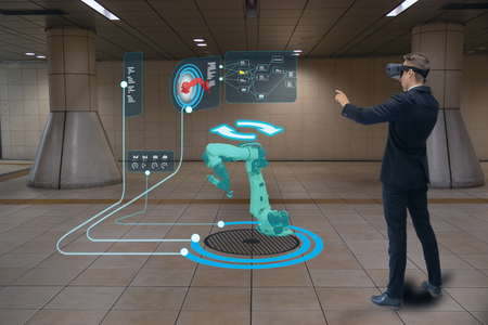 iot smart technology futuristic in industry 4.0 concept, engineer use augmented mixed virtual reality to education and training, repairs and maintenance, sales, product and site design, and more.の写真素材